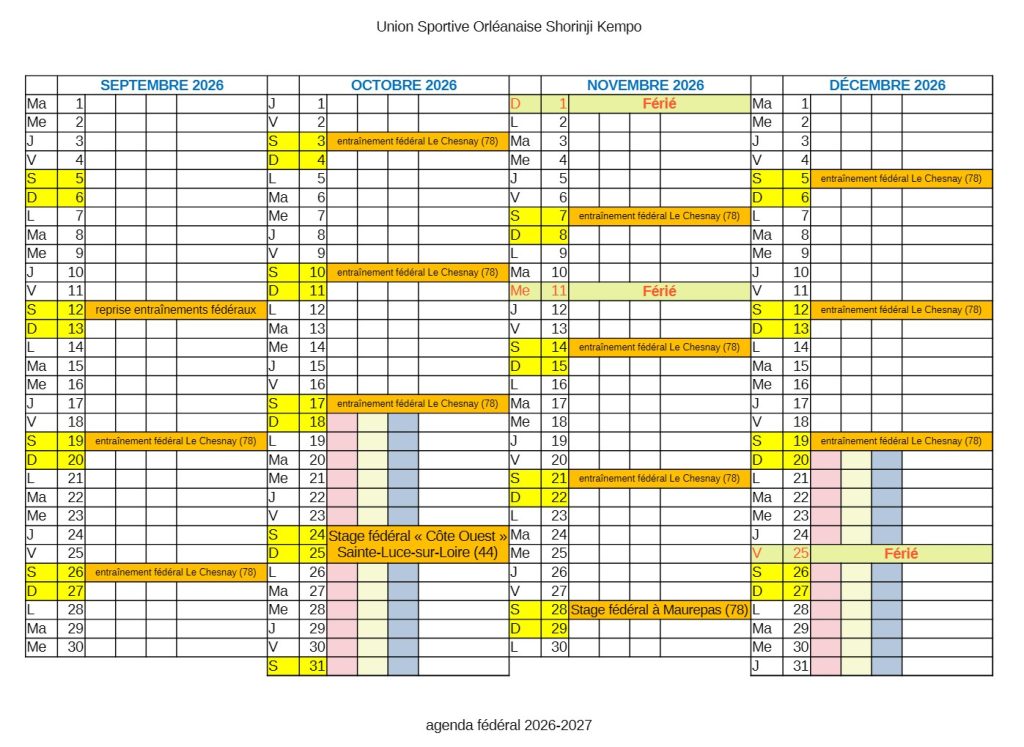 agenda FFSK premier trimestre 2026-2027